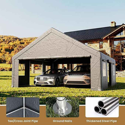 COSIEST 20'×20' Storage Shelter Outdoor Gable Roof Carport with Removable Side Walls, Heavy-Duty Garage Canopy Weatherproof PE Cover, Multi-Purpose Vehicle/Tractor Shed for Backyard/Driveway（Gray）
