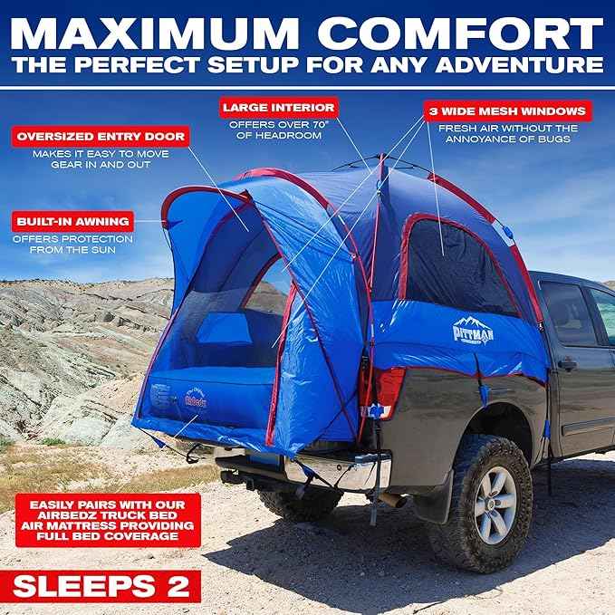Pittman - Truck Bed Tent with EZ-UP Design - Pickup Truck Tent for Camping - Includes Rain Fly, Extra Wide Entry, Oversize Air Mesh & Porch Cover - Premium Pickup Bed Camper