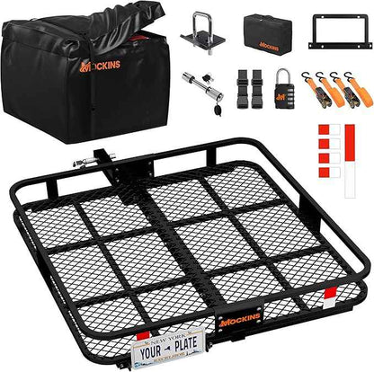 Mockins 40"x40"x6" Extra Deep Square Trailer Hitch Cargo Carrier & 30 CuFt Square Waterproof Cargo Hitch Carrier Bag | 500 Lbs. Capacity Folding Luggage Rack for SUV Car Truck RV & More w/Accessories