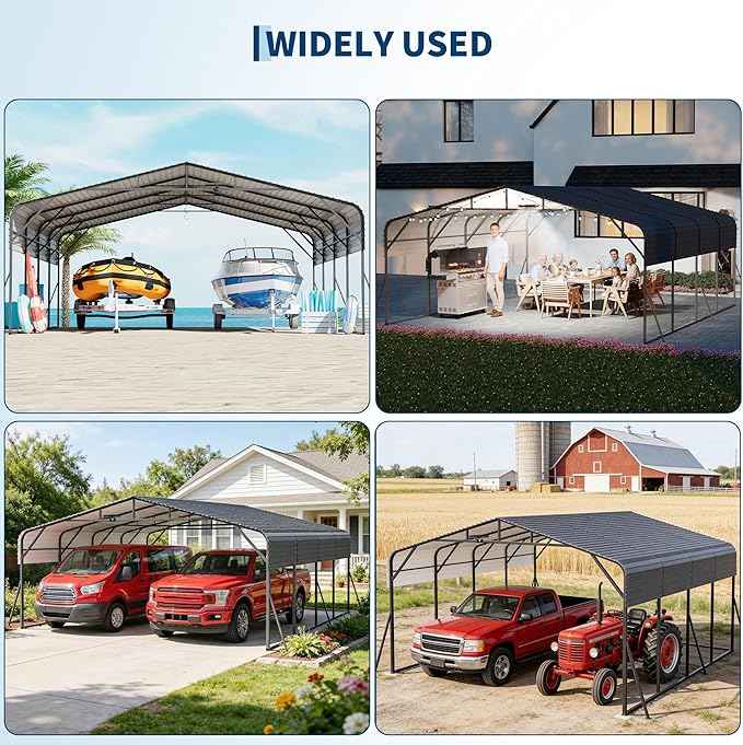 20x20FT Heavy Duty Metal Carport w/Led Light,Outdoor Portable Car Garage,Reinforced Base & Galvanized Steel Roof, Outdoor Car Port Canopy Shelter for Boats, Full-Sized Pickup Trucks