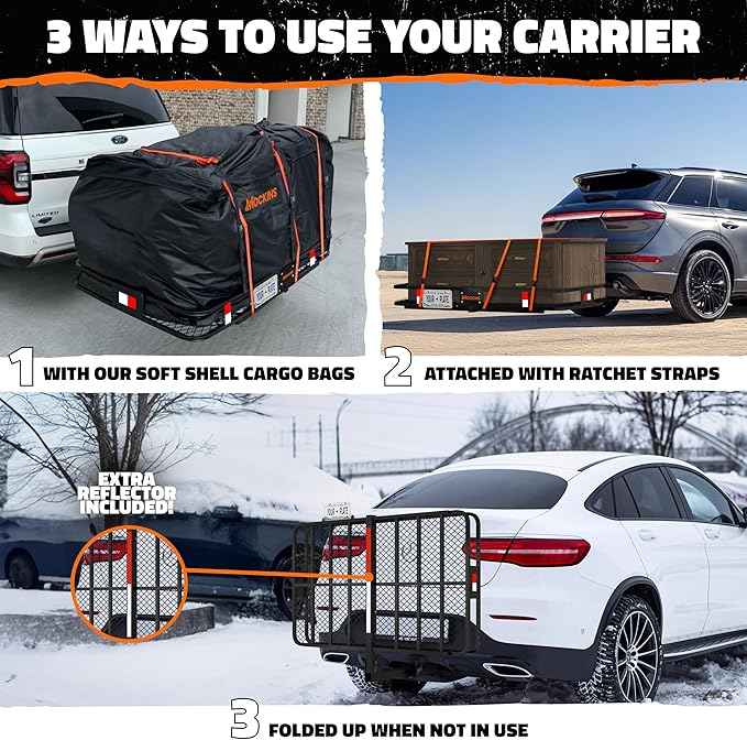 Mockins 60"x36"x6" XL Folding Trailer Hitch Cargo Carrier & 35 Cu.Ft. Tow Hitch Cargo Carrier Bag | 500 Lbs. Capacity Luggage Rack for SUV Car Truck & Soft Waterproof Trailer Rack Bag with Accessories
