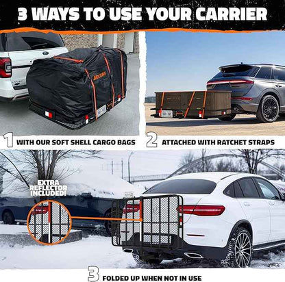 Mockins 60"x36"x6" XL Folding Trailer Hitch Cargo Carrier & 35 Cu.Ft. Tow Hitch Cargo Carrier Bag | 500 Lbs. Capacity Luggage Rack for SUV Car Truck & Soft Waterproof Trailer Rack Bag with Accessories