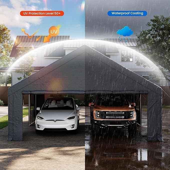 COSIEST 20'×20' Storage Shelter Outdoor Gable Roof Carport with Removable Side Walls, Heavy-Duty Garage Canopy Weatherproof PE Cover, Multi-Purpose Vehicle/Tractor Shed for Backyard/Driveway（Gray）