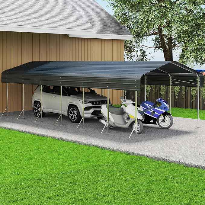 14x30ft Heavy Duty Metal Carport – Outdoor Galvanized Garage, Sturdy Structure, All-Weather Protection, Easy Assembly for Cars, Trucks, Boats, Tractors, and Outdoor Storage (Grey, 14x30FT)