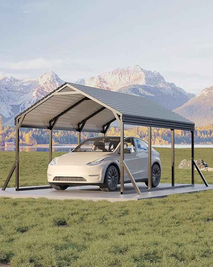 Garvee 10x15x9 ft Metal Carport, Car Port with Reinforced Frame and Steel Roof for All-Weather Use, Permanent Shelter for Sedans, SUVs, or Boats