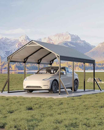 Garvee 10x15x9 ft Metal Carport, Car Port with Reinforced Frame and Steel Roof for All-Weather Use, Permanent Shelter for Sedans, SUVs, or Boats