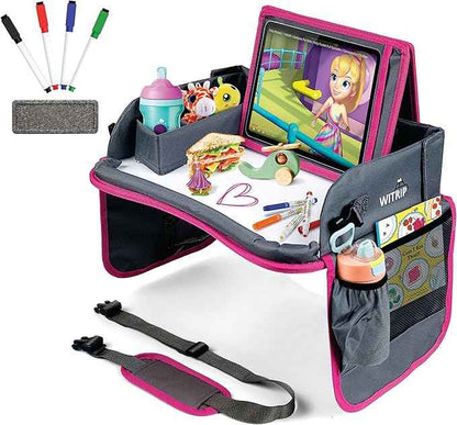 Kids Travel Tray with Dry Erase Board - Car Seat Tray for Kids Travel, Carseat Table Top for Toddler, Lap Desk for Car Seat, Activity Organizer & Snack Holder, Road Trip Essentials for Kid (Pink)