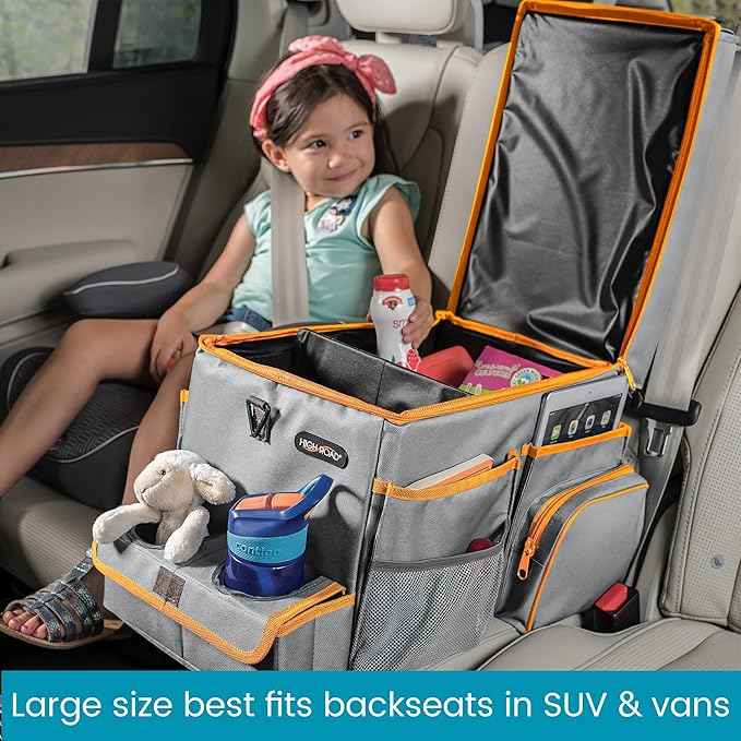 High Road CarHop Car Seat Organizer - Front Seat Organizer for Driver and Back Seat Organizer for Kids with Cup Holders, Study Tray Lid, Side Pockets and Cooler or File Compartment (Gray)