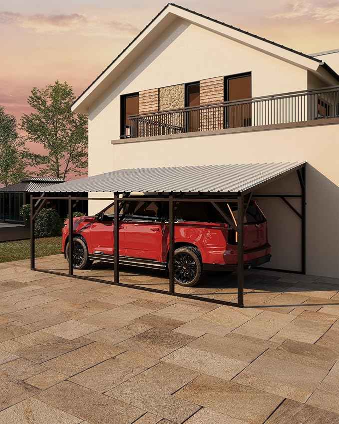 Garvee 12x20 ft Lean-to Metal Carport, Vertical Roof Wall-Mounted Car Port with 11.5° Slope, Heavy-Duty 19-Ga. Steel Frame, 107" to 78" Height Clearance for SUV & Pickup