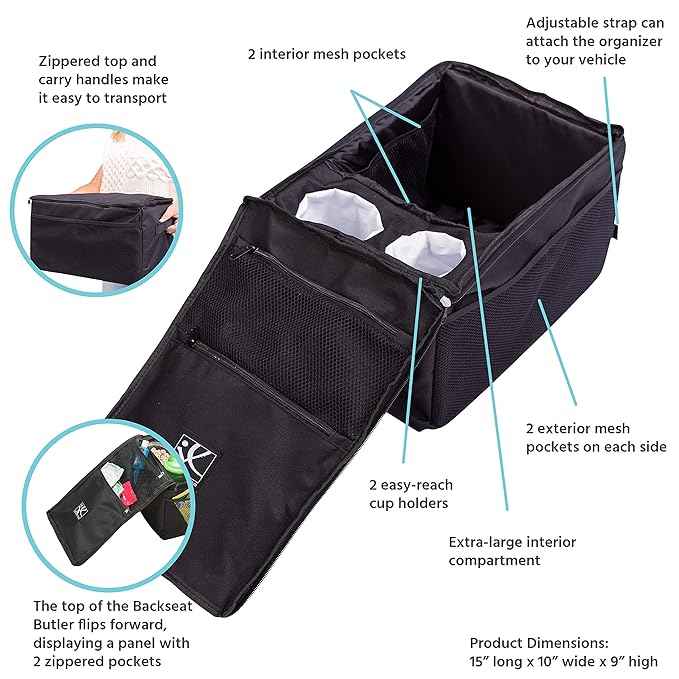 J.L. Childress Backseat Butler Car Seat Organizer for Kids - Essential Car Ride Accessories for Travel & Road Trips, Storage Organization for Front, Back, & Passenger Seats, 10 Pockets - Black