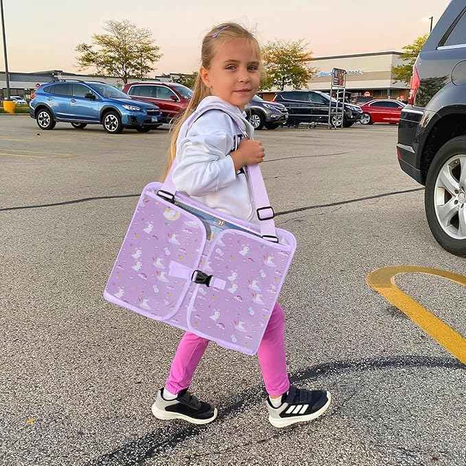 MENZOKE Kids Travel Tray for Toddler Car Seat, Toddler Gift for Girl Activities with Dry Erase Board & iPad Holder Stand, Road Trip Essentials Accessories Lap Tray for Girl as Birthday Gift, Purple
