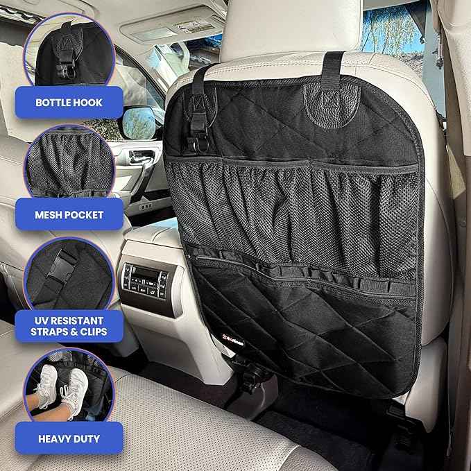 4Knines Car Seat Back Organizer – Heavy-Duty Kick Mat w/Mesh Storage Pockets, Bottle Hook – UV-Resistant Hardware – Waterproof Backseat Organizer for Kids & Pets – Fits SUVs, Trucks, Cars – Black