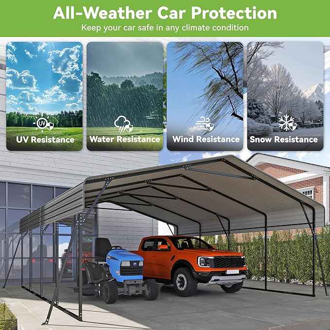 Heavy Duty Metal Carport, 20x20FT Carport Canopy with Galvanized Steel Roof and Reinforced Frame, 4 Support Rods, Outdoor Garage Car Shelter Shade for 2 Cars, Boats and Truck, Party, Gray