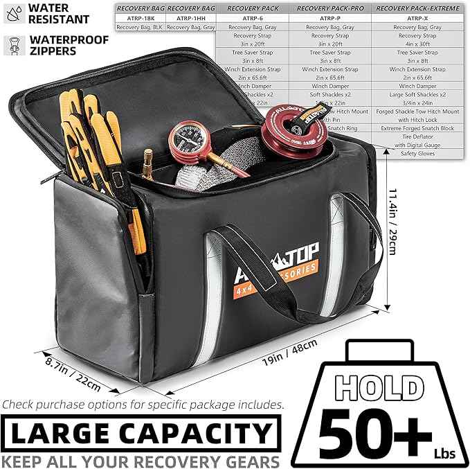 ALL-TOP Recovery Pack Bag, Water-Resist Tool Organizer for Offroad Gear & Overland Equipment, Standing Zippered Waterproof Storage Tote, Black Empty
