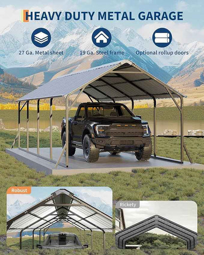 Garveelife 11'x20'x9' Metal Carport, Heavy Duty Steel Car Ports for All-Weather, Vertical Roof Design, for Full-Size Pickup Trucks, Boats, and Tractors