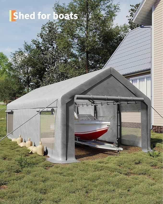 [2-Pack] 10x20 ft Portable Garage Carport, Heavy-Duty 200g PE Tarp with 2 Roll-up Doors & 4 Windows, White Waterproof Shelter for Paint Booth, Boat, Pickup & Event