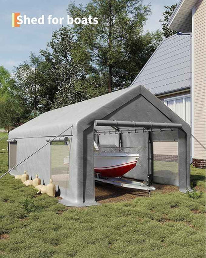 [2-Pack] 10x20 ft Portable Garage Carport, Heavy-Duty 200g PE Tarp with 2 Roll-up Doors & 4 Windows, White Waterproof Shelter for Paint Booth, Boat, Pickup & Event