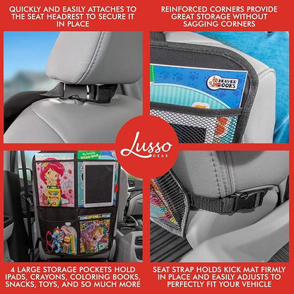 Lusso Gear Kick Mats (2 Pack) - Car Seat Back Protectors, Premium Waterproof Fabric, Reinforced Corners to Prevent Sag, and 4 Mesh Pockets for Large Storage (Gray)