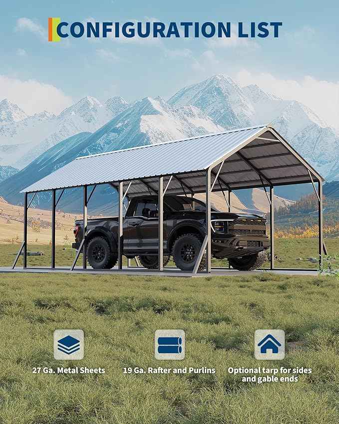 Garvee 13x26 ft Metal Carport Kit, 120° Steep-Pitch Vertical Roof for Snow Shedding, 133" High-Clearance RV & Boat Shelter, Heavy-Duty Long-Reach Car Port with Reinforced Frame