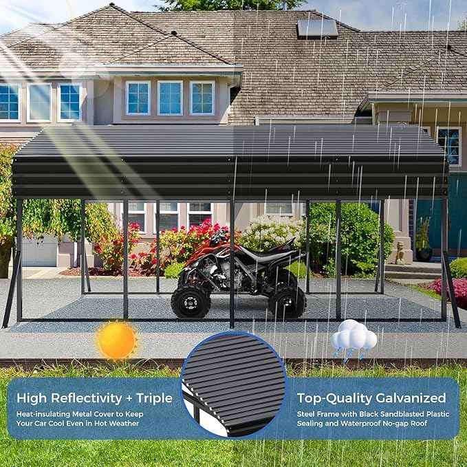 Carport Canopy 12’X20’ Heavy Duty Car Port Galvanized Steel Roof, Reinforced Stable Triangle Frame for Snowy Windy Metal Carports Enhanced Base Car Tent for Car,RV,Pickup,Boat,Truck,Tractor