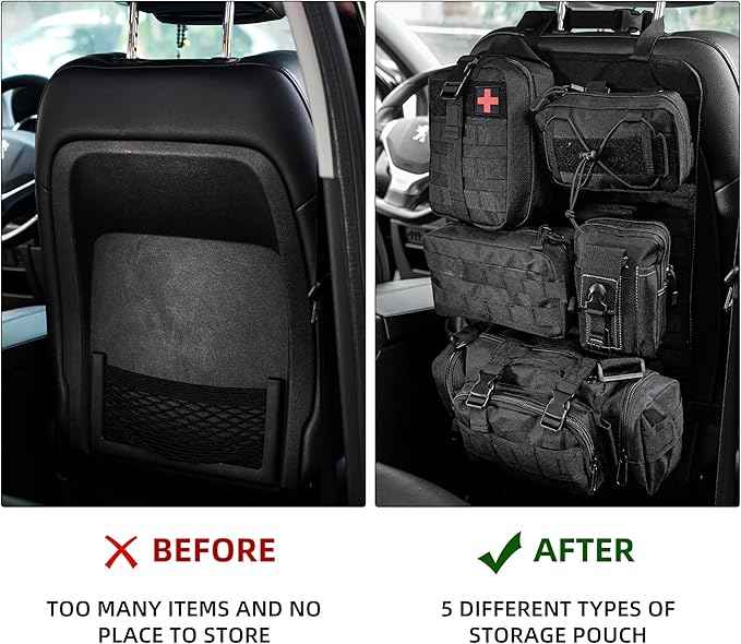 Tactical Car Seat Back Organizer,Back Seat Organizer with 5 Detachable Molle Pouches,Molle Panel Organizer Fits for Vehicel Such as Jeep,Truck,SUV, Car