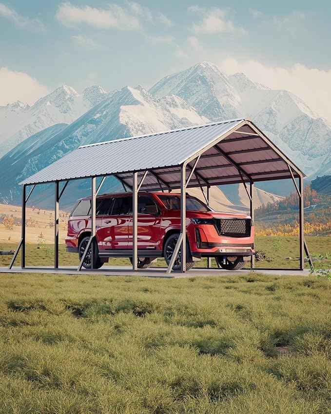 Garvee 13x21 ft Metal Carport Kit, 120° Steep-Pitch Vertical Roof for Snow Shedding, 133" High-Clearance Full-Sized Pickup & Van Shelter, Heavy-Duty Metal Car Port with Reinforced Frame
