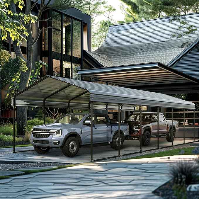 MFSTUDIO Carport 12x30 ft, Outdoor Heavy Duty Carports, Metal Car Port Shed Shelters Garage Shelter Shade Car Ports with Galvanized Roof for 2 Cars, Truck and Boats ﻿