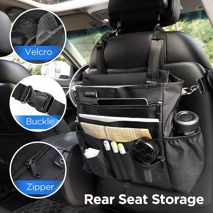 LUCMO Car Seat Organizer with Tablet and Laptop Compartment, Multiple Pockets Truck Front Seat and Backseat Organizer, Portable Large Capacity Office Bag with Adjustable Strap and Hardened Buckles