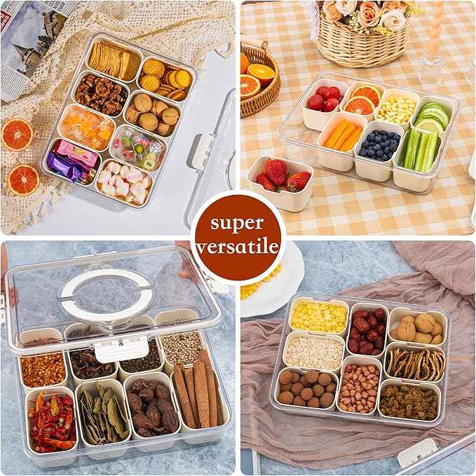 Divided Snack Serving Tray with Lid and Handle travel Snackle Box Charcuterie Container Portable Storage Organizer for Candy, Fruits, Nuts, Snacks 1Pack White