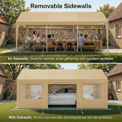 COBIZI 12x20 FT Heavy Duty Carport with Galvanized Frame, Carport Canopy with Roll-up Windows, Storage Tent with Removable Sidewalls & Doors, Built-in Sandbags for Car Boat Truck, Khaki