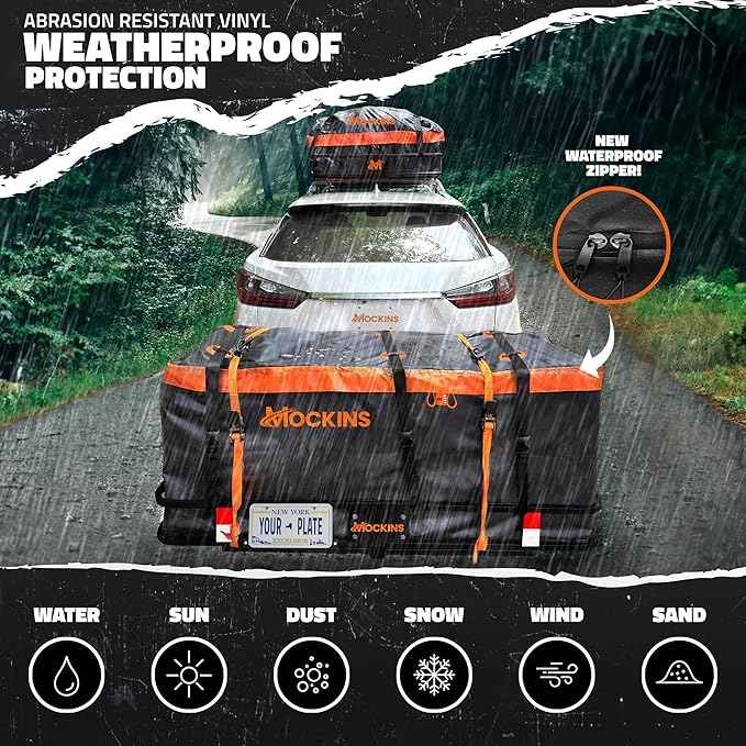 Mockins 60"x20"x6" Folding Luggage Rack for Car Hitch & 20 Cu Ft Waterproof Cargo Bag | 500 lbs Cap Steel Trailer Hitch Cargo Carrier for 2" Receivers w/License Plate Holder, Stabilizer, Net & Straps