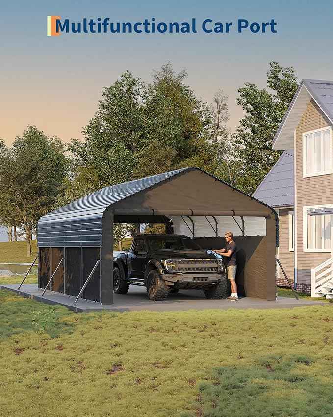 Garvee 12x20x9 ft Metal Carport Enclosed, Car Ports with Heavy Duty 220 g Tarp Gable End Doors and Sidewalls, All-Weather Carport for Full-Size Pickup Trucks, Bass Boats, and Tractors