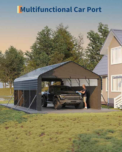 Garvee 12x20x9 ft Metal Carport Enclosed, Car Ports with Heavy Duty 220 g Tarp Gable End Doors and Sidewalls, All-Weather Carport for Full-Size Pickup Trucks, Bass Boats, and Tractors