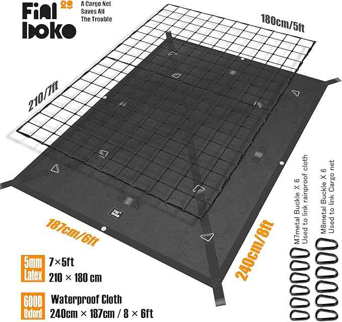 Highly Elastic Cargo Net for Pickup Truck Bed,5' x 7' Small Mesh Latex Bungee Net Cargo Netting with 6' x 8' Truck Bed Tarp, Cargo Net Cover Suitable for Daily Full Loads of Pickup
