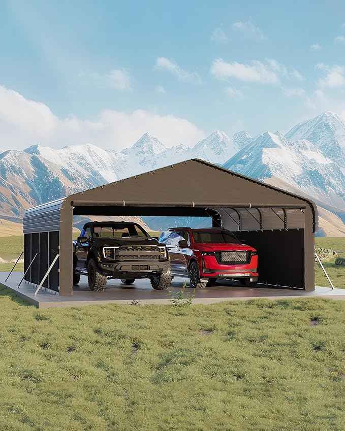 Garvee 20'X20'X10' Metal Car Port for 2 Cars, Enclosed Carports with 220 g Tarp, All-Weather Use Metal Carport, for Full-Size Pickup Trucks, Bass Boats, and Tractors