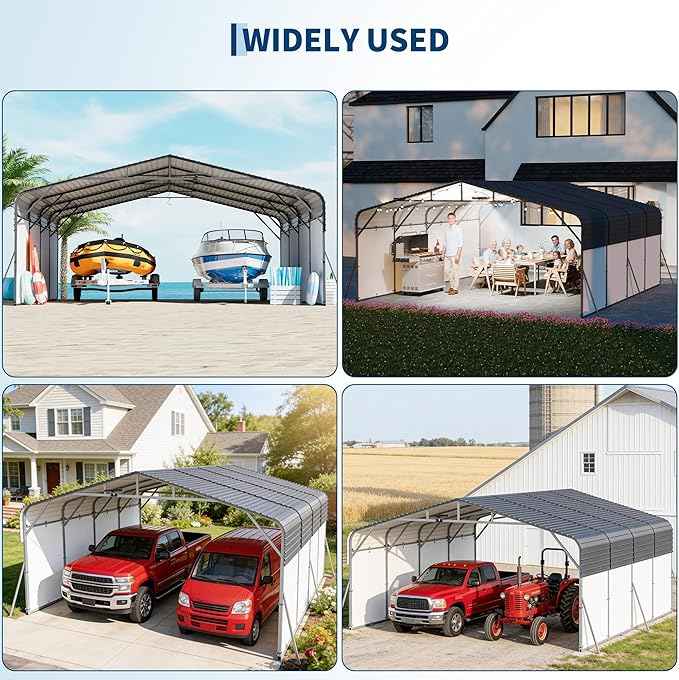 20x20FT Metal Carport w/Led Light,Outdoor Portable Car Garage,Removable PE Sidewalls,Reinforced Base & Galvanized Steel Roof, Outdoor Car Port Canopy Shelter for Boats, Full-Sized Pickup Trucks