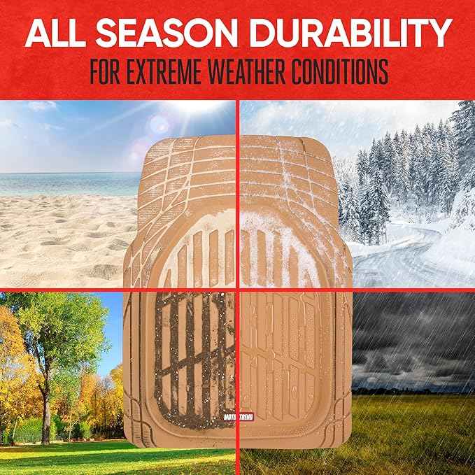Motor Trend FlexTough Floor Mats for Cars, Beige Deep Dish All-Weather Mats, Waterproof Trim-To Fit Automotive Floor Mats for Cars Trucks SUV, Universal Floor Liner Car Accessories