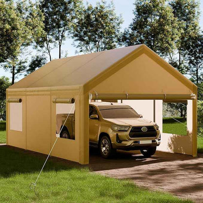 Shintenchi Portable Garage Canopy,12x20 FT Heavy-Duty Design Carport,Carport Canopy with Side-Opening Removable Door & Roll-Up Window,Portable Car Port for Car, Truck, Boat,Khaki