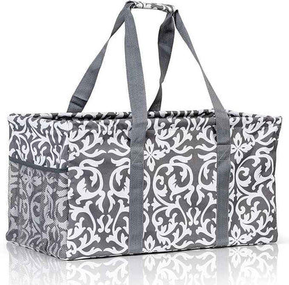 Extra Large Utility Tote Bag - Oversized Collapsible Reusable Wire Frame Rectangular Canvas Basket With Two Exterior Pockets For Beach, Pool, Laundry, Car Trunk, Storage - Damask Gray