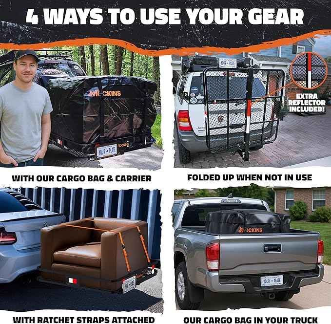 Mockins 40"x40"x6" Extra Deep Square Trailer Hitch Cargo Carrier & 30 CuFt Square Waterproof Cargo Hitch Carrier Bag | 500 Lbs. Capacity Folding Luggage Rack for SUV Car Truck RV & More w/Accessories