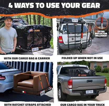 Mockins 40"x40"x6" Extra Deep Square Trailer Hitch Cargo Carrier & 30 CuFt Square Waterproof Cargo Hitch Carrier Bag | 500 Lbs. Capacity Folding Luggage Rack for SUV Car Truck RV & More w/Accessories
