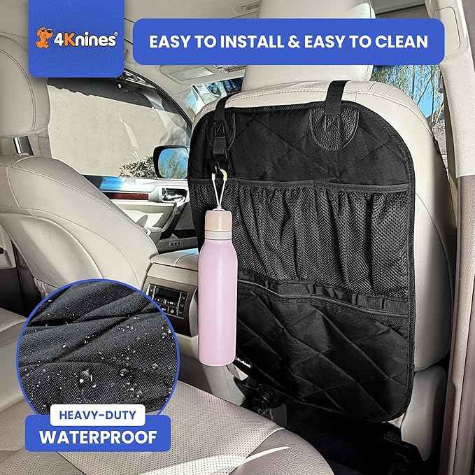 4Knines Car Seat Back Organizer – Heavy-Duty Kick Mat w/Mesh Storage Pockets, Bottle Hook – UV-Resistant Hardware – Waterproof Backseat Organizer for Kids & Pets – Fits SUVs, Trucks, Cars – Black