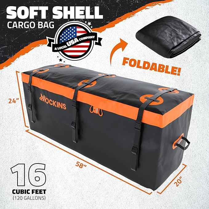 Mockins 16 Cu.Ft. Trailer Hitch Cargo Carrier Bag | 58"x20"x24" Abrasion-Resistant Vinyl Cargo Bag for Hitch Carrier | Waterproof Truck Bed Storage Set w/Buckle Straps, Combination Lock & Carry Case