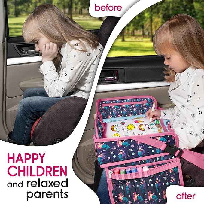Kids Travel Tray - Waterproof Lap Table with No-Drop Large Tablet Holder - Car Seat Tray - Road Trip Essentials Kids - Car Desk Organizer for Airplane - Toddler Travel Essentials(MERMAID)