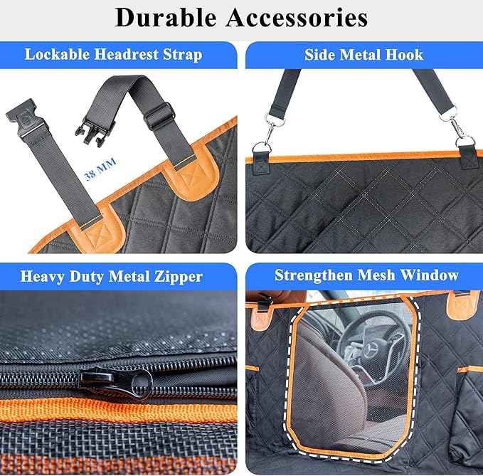 Hard Bottom Back Seat Extender for Dogs, Waterproof Dog Car Seat Cover, 420lb Support, 600D Heavy Duty Car Seat Protector Dog Hammock for Sedan, SUV, Small Truck(Black & Orange)