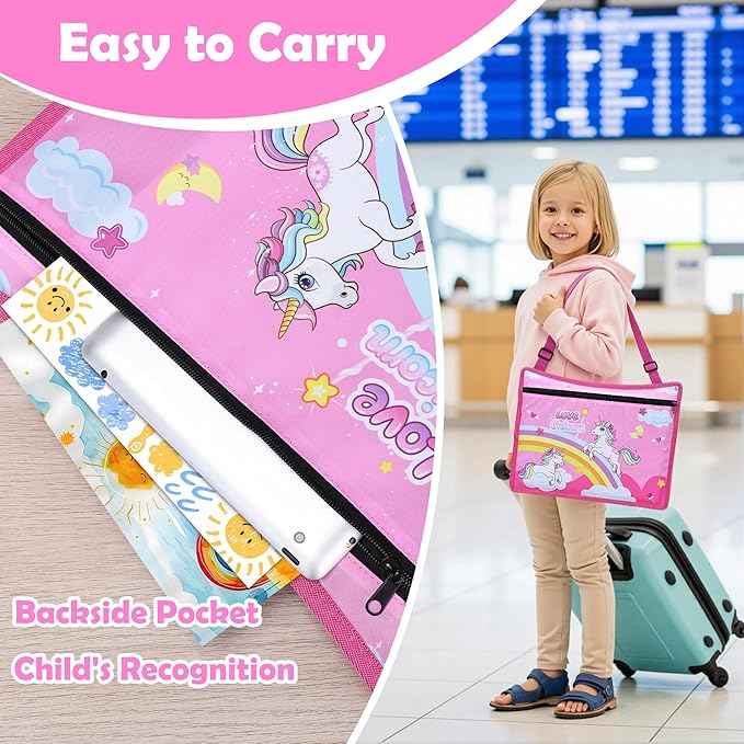 Kids Travel Tray for Toddler Carseat, Road Trip Activities Essentials for Toddler, Kids Lap Desk Tray with Tablet Holder Stand ＆ Dry Erase Board (Pink Unicorn)