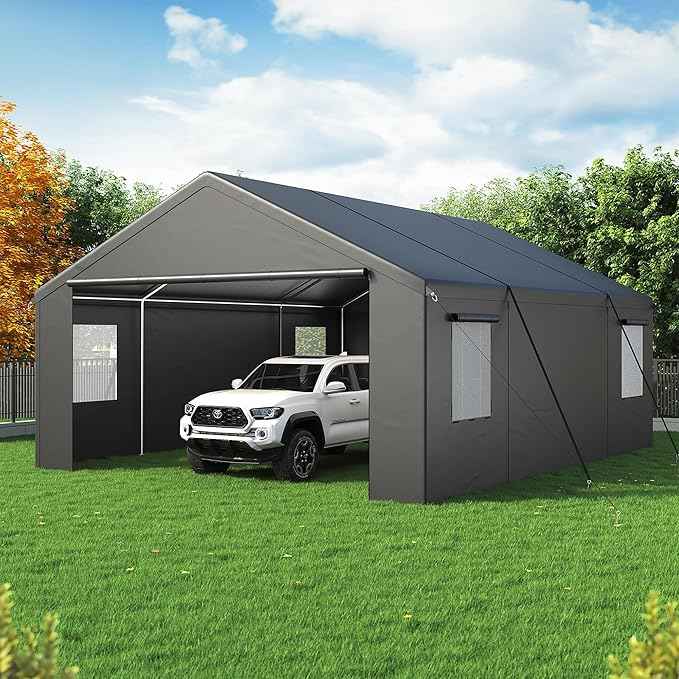 Polar Aurora 20x20 FT Heavy Duty Carport with All-Season Tarp, Portable Garage Tent with Roll-Up Windows & Side-Opening Door, Enclosed Car Port Canopy with Galvanized Frame for Car, SUV, Truck, Boat