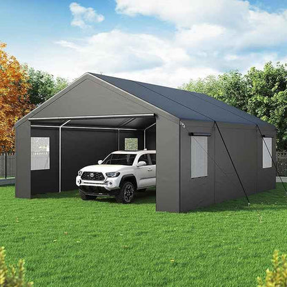 Polar Aurora 20x20 FT Heavy Duty Carport with All-Season Tarp, Portable Garage Tent with Roll-Up Windows & Side-Opening Door, Enclosed Car Port Canopy with Galvanized Frame for Car, SUV, Truck, Boat