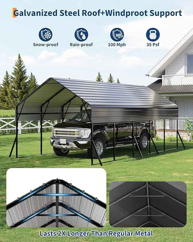 13x26 FT Heavy Duty Metal Carport Kit, Reinforced Frame with Anchors, for Trucks, Boats, RV, Tractor, 100MPH Wind & 35PSF Snow Rating, Easy Assembly