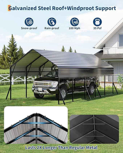 13x26 FT Heavy Duty Metal Carport Kit, Reinforced Frame with Anchors, for Trucks, Boats, RV, Tractor, 100MPH Wind & 35PSF Snow Rating, Easy Assembly